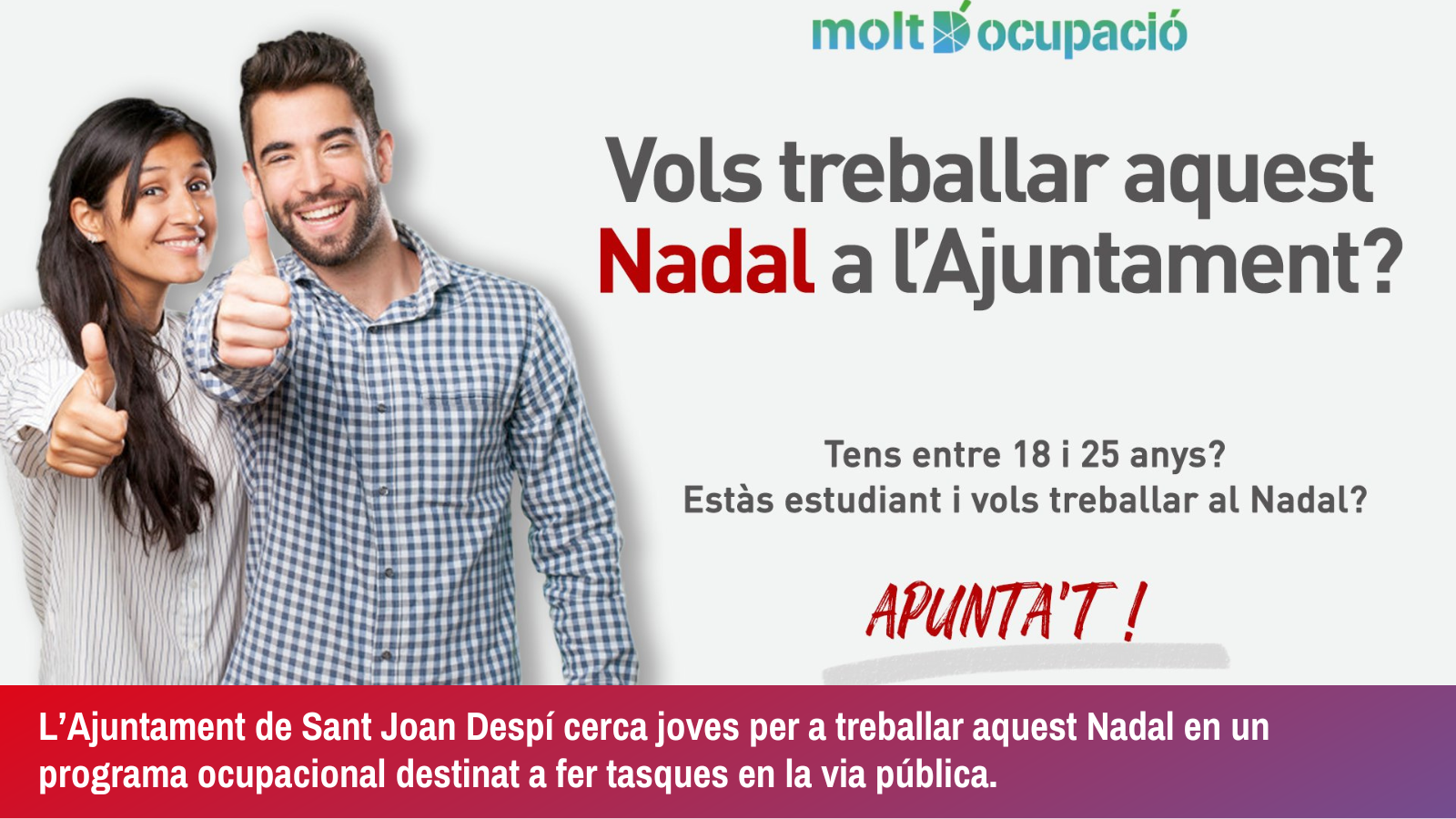 L’Ajuntament de Sant Joan Despí  cerca joves per a treballar aquest Nadal  en un programa ocupacional destinat a fer tasques en la via pública.